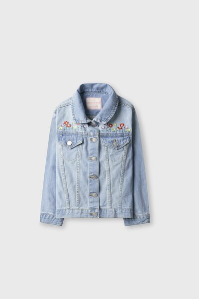 Girls Floral Embroidered Sky Denim Jacket