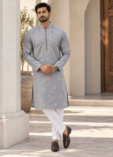 TGM Mens RTW Chikankari Chikankari Kurta Pajama Suit Aeron Grey Festive Collection