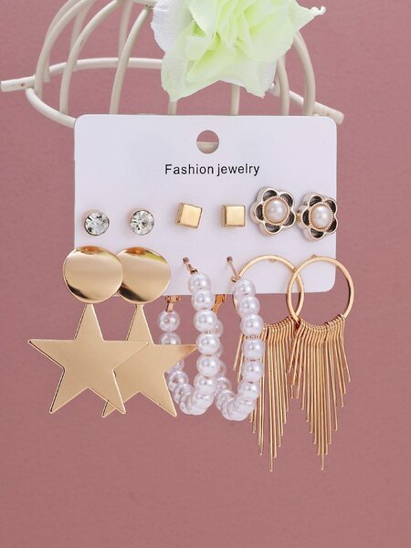 Shein - 6pairs Star & Faux Pearl Decor Earrings