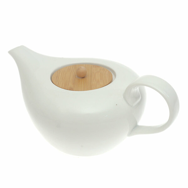 White Ceramic Tea Pot with Wooden Lid 10.5 Inch – Modern Minimalist Teapot