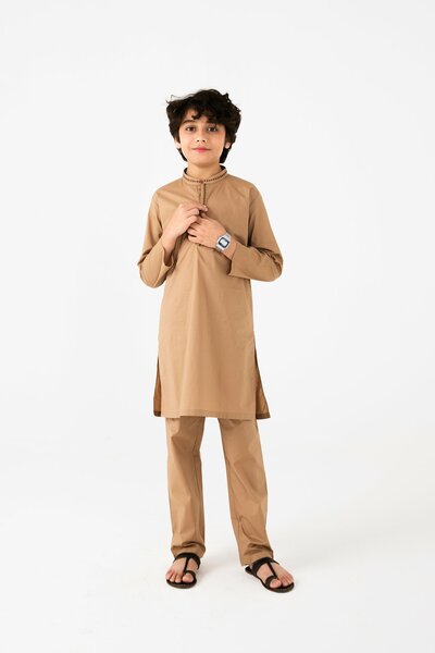 Boys Timeless Light Brown Emroidered Kurta Set