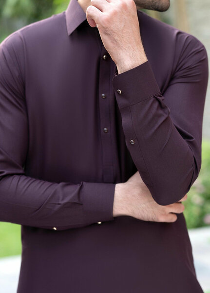 Stylish Garments Mens RTW Solids Wash N Wear Kurta Shalwar Suit Mehroon Plain Casual Collection