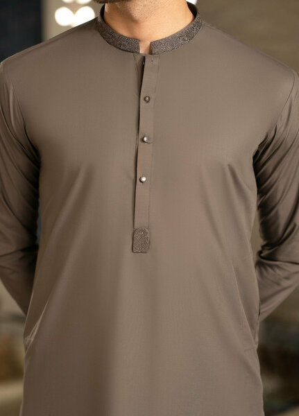 Stylish Garments Mens RTW Embroidered Wash N Wear Kurta Shalwar Suit Charcoal Green Casual Collection