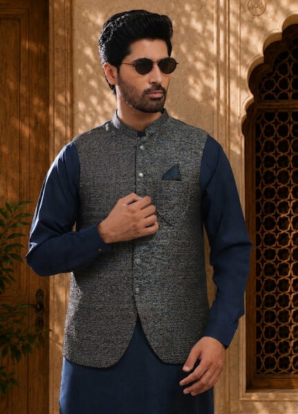 TGM Mens RTW Textured Blended Cotton 3 Piece Suit Meridian Ink Festive Collection