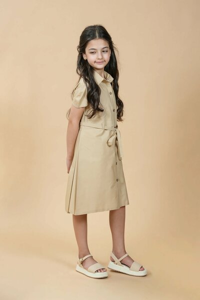 Safari | Pure cotton shirt dress with waist tie & box pleat