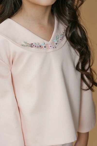 Strawberry Milk |  Pure cotton co-ord set with hand-embroidered collar