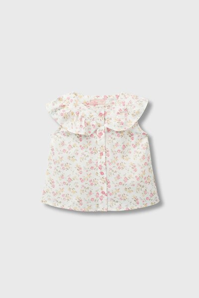 White Cotton Floral Button Top