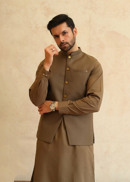 A-Line by Mazham RTW Solids Blended 3 Piece Suit Olive Brown Winter Collection