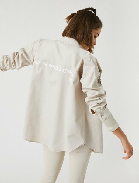 Koton Cotton Back Printed Oversize Shirt Stone