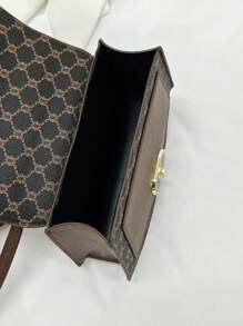 Shein - Fashion Flap Geometric Pattern Vintage Print Handbag Brown