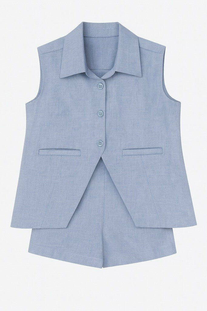 Laurel | Baby denim co-ord set with tailored sleeveless top and skirt