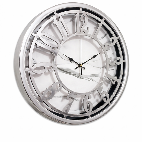 Majestic 15-Inch Heritage Wall Clock – Modern Silver Skeleton Wall Clock with Marble Effect Dial for Living Room, Office & Contemporary Home Décor