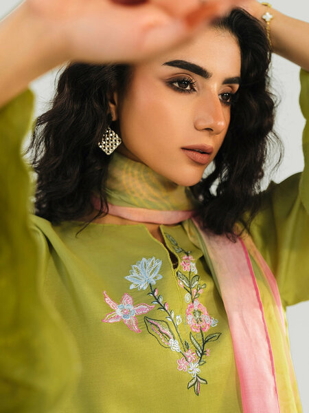 OLIVE LIME - 3pcs Khaddi Silk Ensemble
