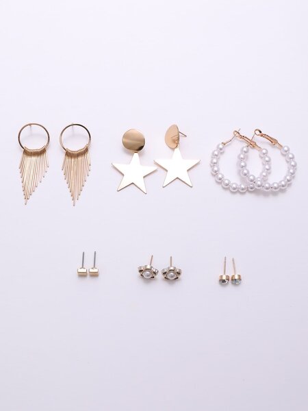 Shein - 6pairs Star & Faux Pearl Decor Earrings