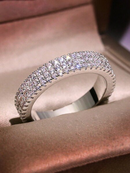 Shein Exclusive - 1pc Simple Micropavé Diamond Stacked Band Ring  Ring Ladies Jewelry For Women S925 Sterling Silver Exquisite Double Layer Ring Fine Jewelry Gift For Girls Daily Life Decor