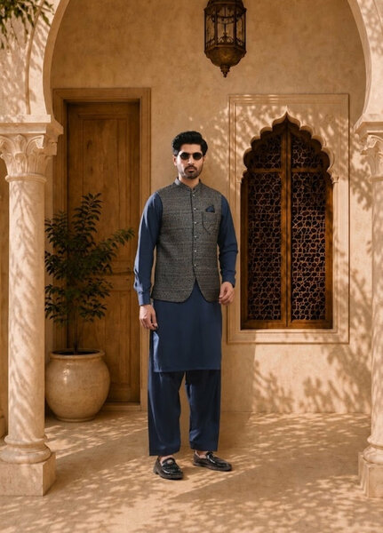 TGM Mens RTW Textured Blended Cotton 3 Piece Suit Meridian Ink Festive Collection