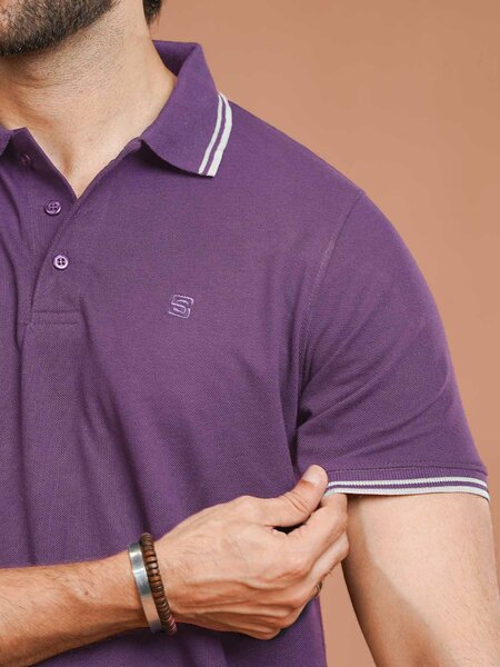 Purple Plain Contrast Tipping Half Sleeves Polo T-Shirt (POLO-1094)