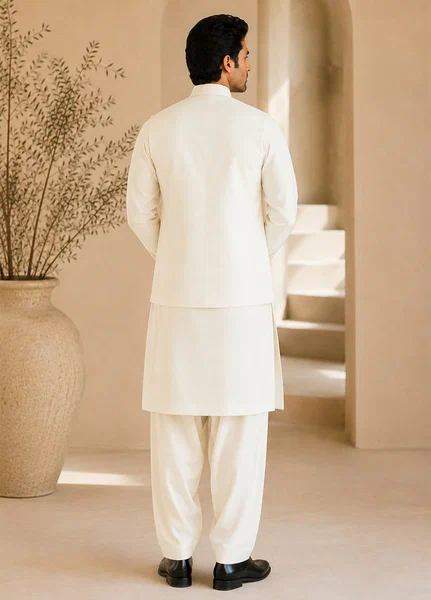 Off White Kurta Shalwar with Waistcoat