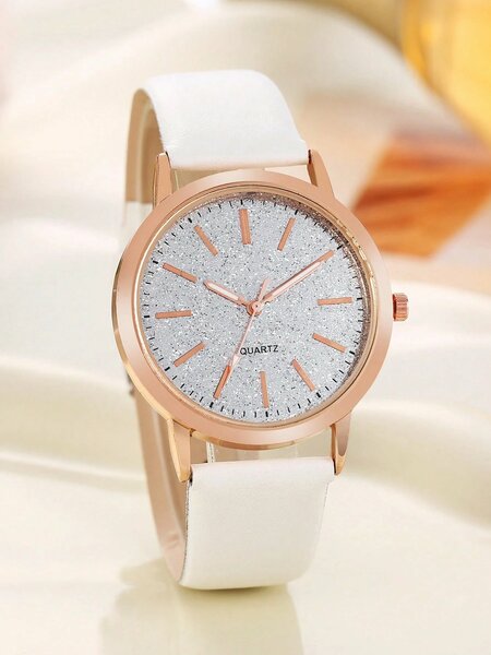 Shein - 1 Set Fashion Minimalist Leather Strap Quartz Watch + Heart Shaped Accessory For Women