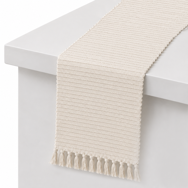Neutral Lines Table Runner – 13 x 45 Inches | Ribbed Woven Decorative Table Runner with Tassels