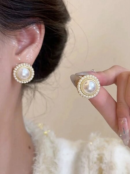 Shein - 5pcs/Set Vintage Hong Kong Style Niche Design Heart-Shaped Faux Pearl Geometric Minimalist Elegant Elegant Fashion Versatile Stud Earrings Set, Suitable For Women's Daily And Festival Wear