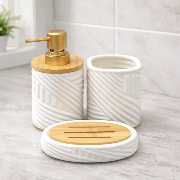 3-Piece Round Bathroom Accessories Set – Toothbrush Holder &  White & Black  Color Options