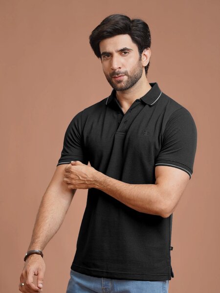 Black Plain Contrast Tipping Half Sleeves Polo T-Shirt (POLO-1004)