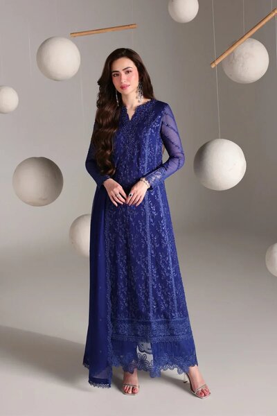 Ensembles by Azure Unstitched Embroidered Chiffon 3 Piece Suit AZ26UEF Salvia - Festive Collection