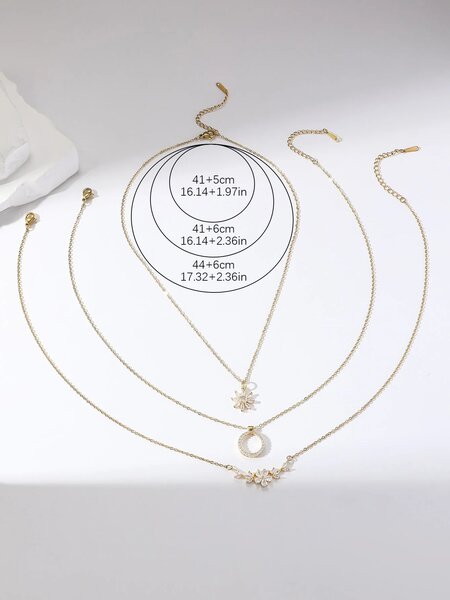 Shein - 3pcs/set Fashionable Elegant Necklace With Flower & Circle Shaped Design, Unique And Creative Jewelry For Women, Luxury Gift
