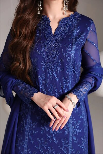 Ensembles by Azure Unstitched Embroidered Chiffon 3 Piece Suit AZ26UEF Salvia - Festive Collection