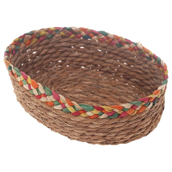 Handwoven Round Brown Basket with Multicolor Braided Rim – Medium Natural Fiber Storage Organizer