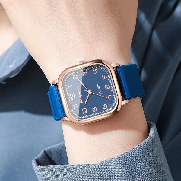 Shein - 1Pc Women Casual Square Digital Scale Dial Fashion Quartz Wrist Watch With Silicone Strap
