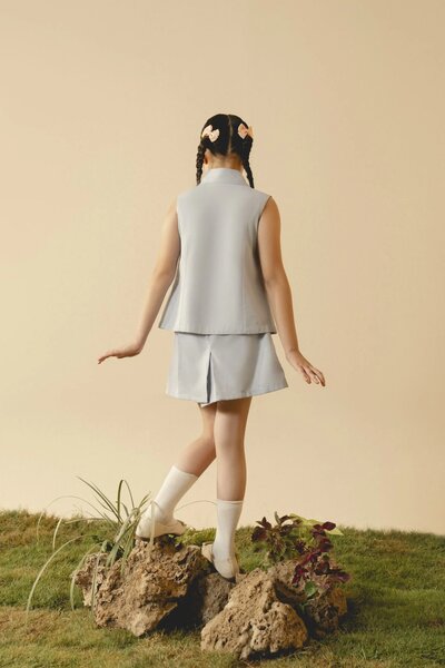 Laurel | Baby denim co-ord set with tailored sleeveless top and skirt