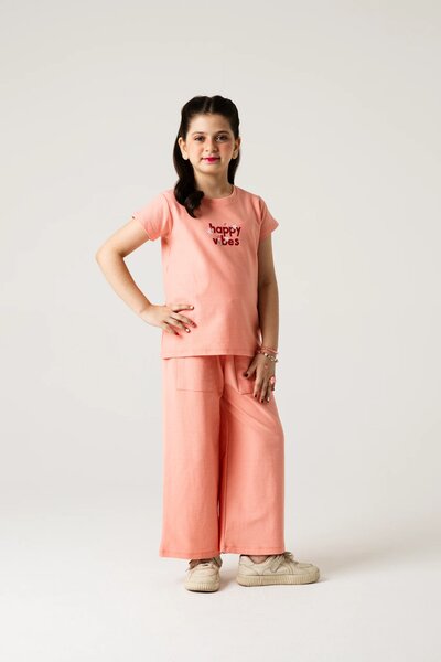 Girls Peach Happy Vibes Co-ord Set