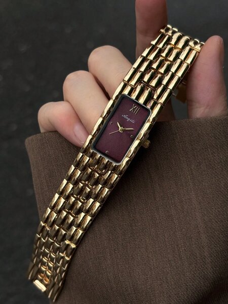 Shein - Bracelet Watch, Gold Rectangular Case, Burgundy Dial