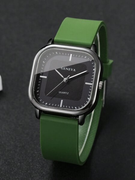 Shein - 1pc Men's Silicone Strap Fashion Casual Square Minimalist Dial Quartz Wrist Watch - Green