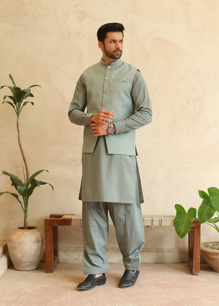 A-Line by Mazham RTW Solids Blended 3 Piece Suit Misty Green Winter Collection