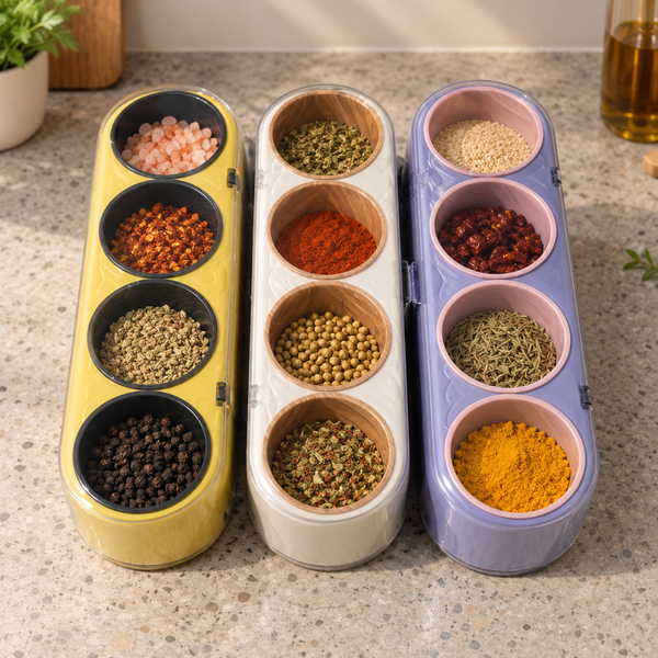 Assorted 4-Grid Masala Box with Spoon | Kitchen Spice Organizer