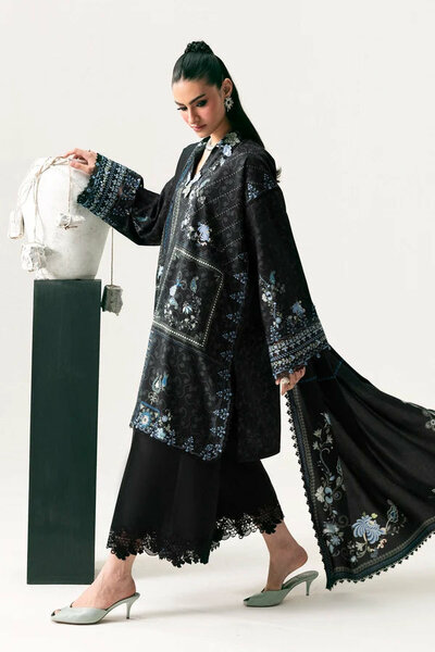 Q prints by Qalamkar Unstitched Embroidered Slub Linen 3 Piece Suit QLK26ULQ Luna QPW-05A - Winter Collection