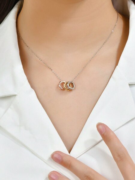 Shein - 1pc Fashionable Simple Exquisite Three-Tone Design 925 Sterling Silver Cubic Zirconia Necklace, Perfect For Festival, Party, Gift And Daily Wear