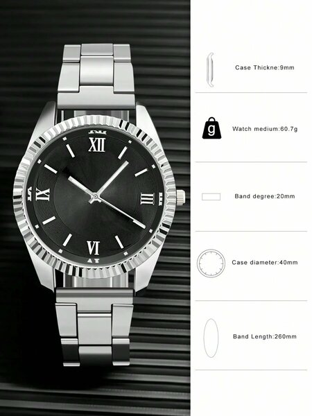 Shein - 1pc Men's Steel Band Quartz Watch - Black Dial