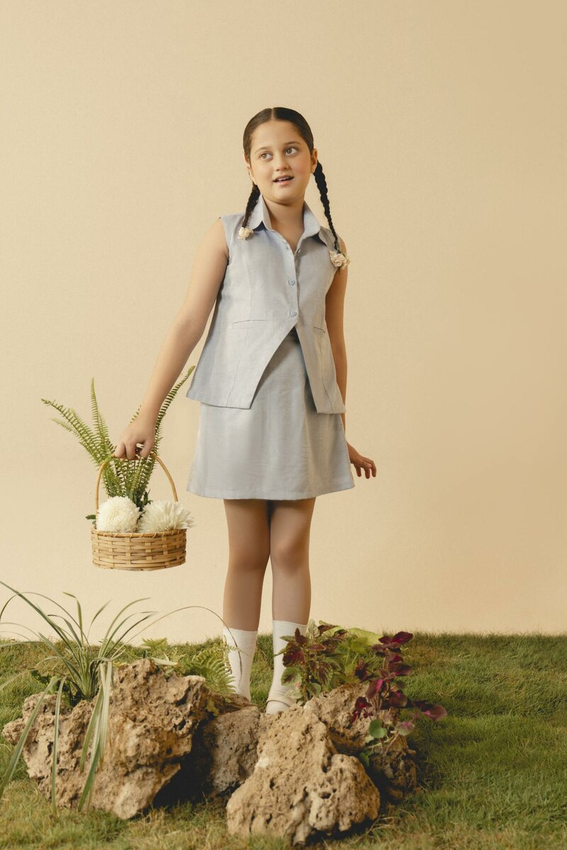 Laurel | Baby denim co-ord set with tailored sleeveless top and skirt
