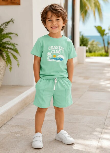 Lambkin Kids RTW Printed Cotton 2 Piece Suit Coastal Tee N Shorts Set - Casual Collection