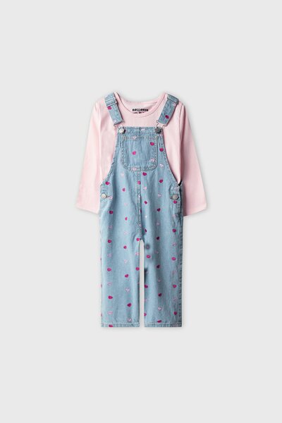 Girls Blush & Blue Embroidered Dungaree Set