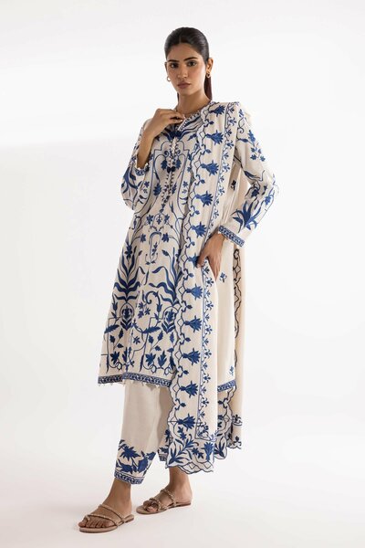 Stitched Embroidered Raw Silk Skinny Shalwar