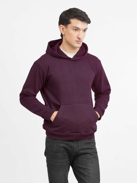 Brumano Mens RTW Solids Cotton 1 Piece Burgundy Fleece Hoodie Winter Collection