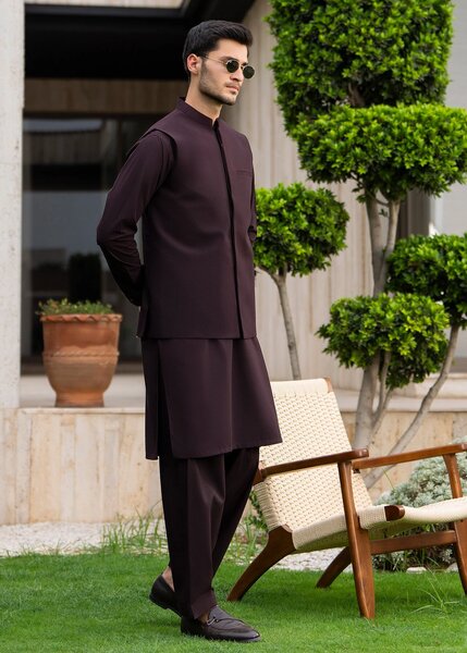 Buraq Men RTW Solids Blended 3 Piece Suit Chocolate Brown Winter Collection