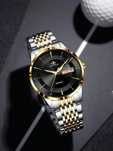 Shein - 1pc Men Two Tone Stainless Steel Strap Business Date Round Dial Quartz Watch, For Daily Life