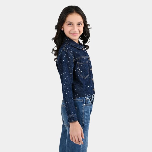 Girls Denim Rigid Woven Jacket Studs - Dark BLUE
