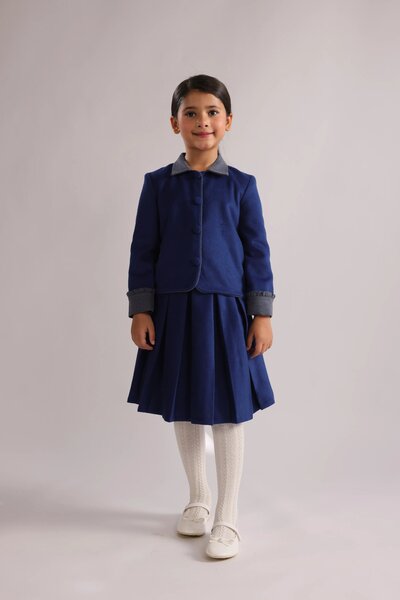 Bleuet | Girls' Blue Jacket and Pleated Skirt Set, Contrast Collar